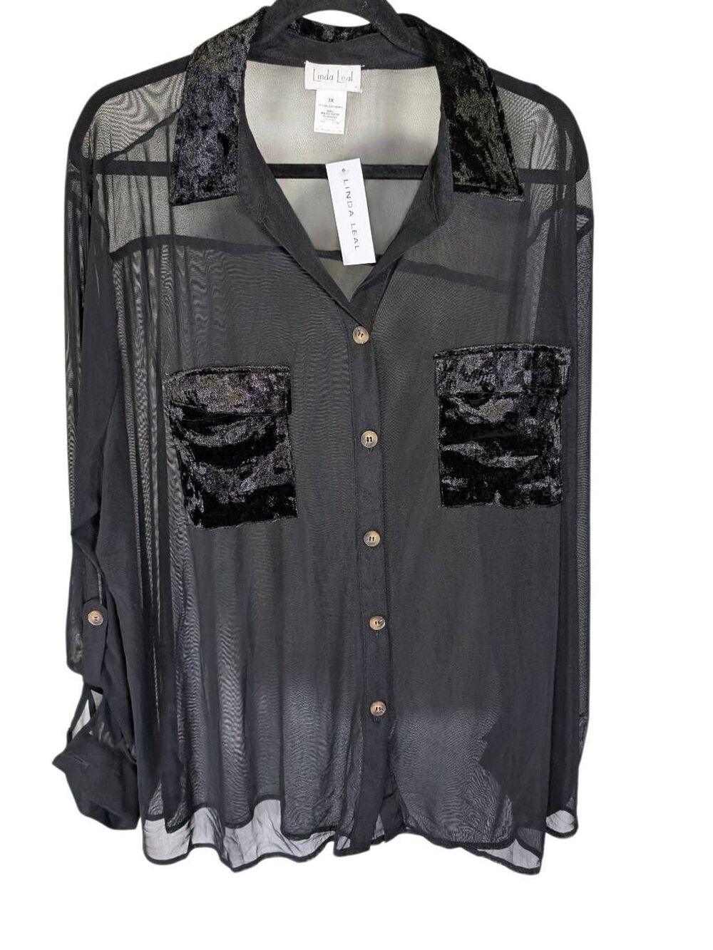 Linda Leal Black sheer mesh long-sleeve button-down shirt wit Textured Velvet-st